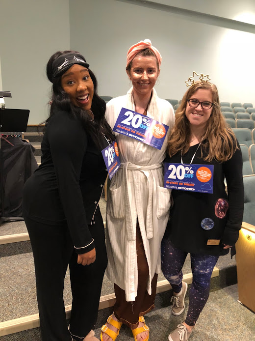 My teacher friends and I went as Bed, Bath, and Beyond! This is literally just my bathrobe and a towel (and pjs under, great excuse to be comfy at school!). My friends outfits were also taken from their wardrobes. We also used coupons that "Beyond" always gets in the mail. Upcycling spam!