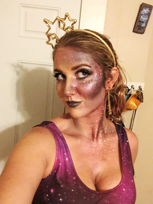 So this was a college Halloween costume, and another makeup heavy one. I had this dress for years (this was before I started thrifting frequently though). But you could probably do this look with any black dress! Recognize the headband from Bed, Bath, and Beyond?