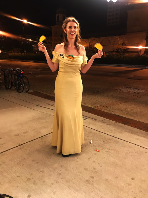 Ngl, I stole the inspiration for this one from one of my students. I actually through this together last minute from one of my mom's old ballgowns (I assume it would take longer if you didn't have such an extra mother), costruction paper, and taco bell sauce packets (I have a taco bell problem). Voila instant pun based costume.